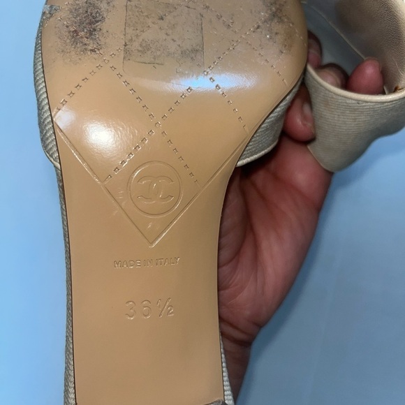 Chanel slide boho classic retro sandals heels Wheat color fabric silver logo 6.5 - Picture 11 of 15